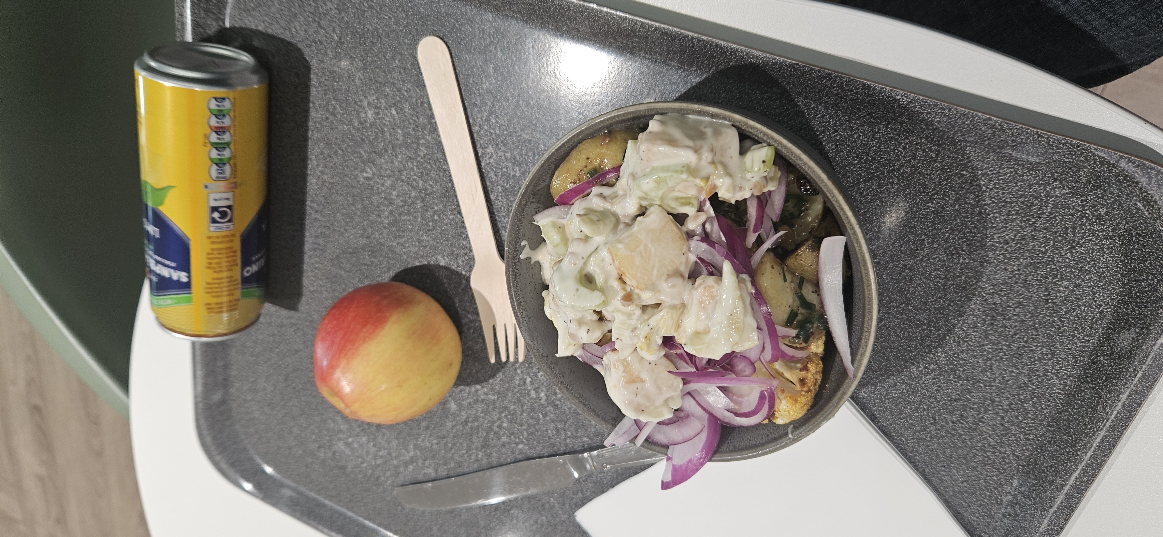 Salad, apple, lemon soda