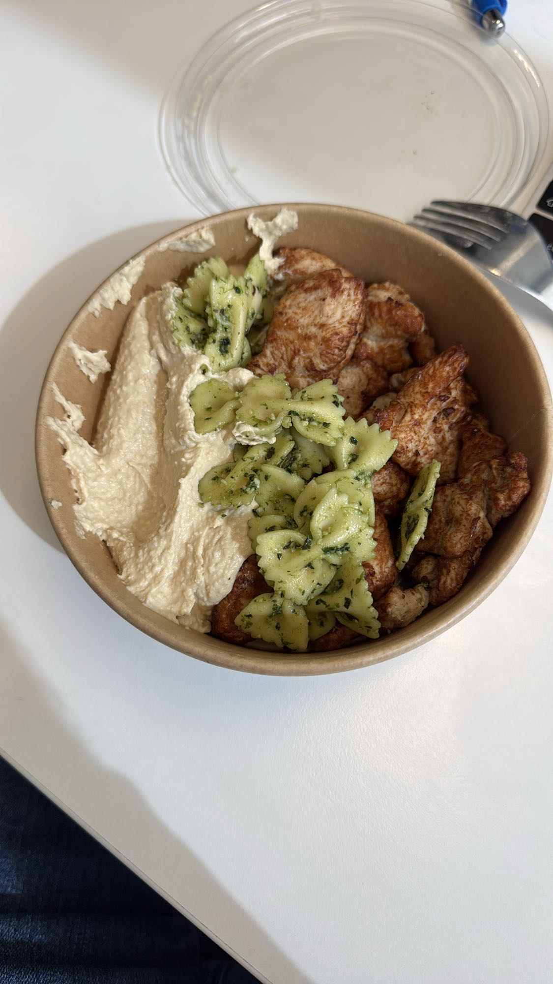Chicken pasta hummus bowl