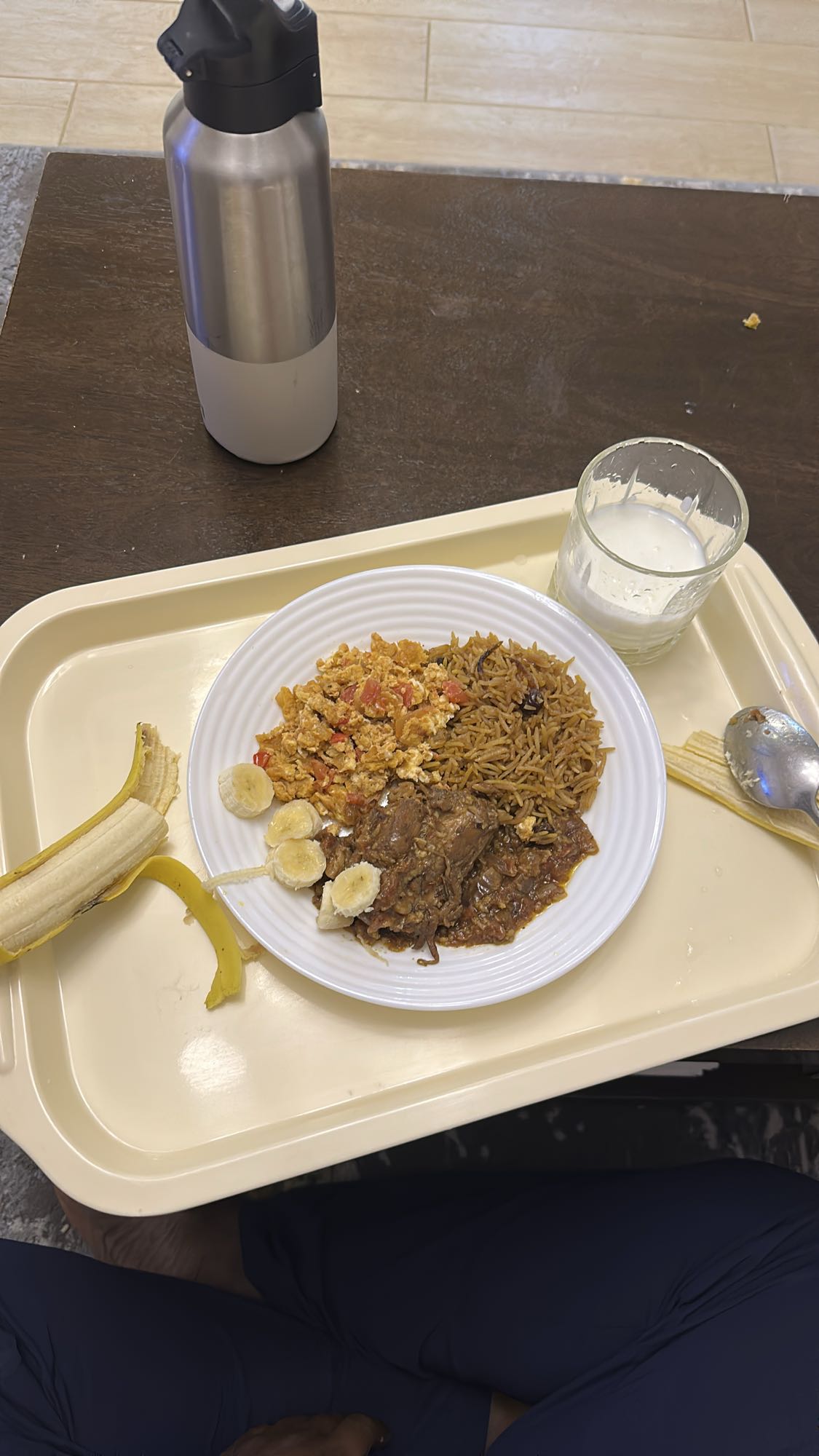 Rice, eggs, beef, banana