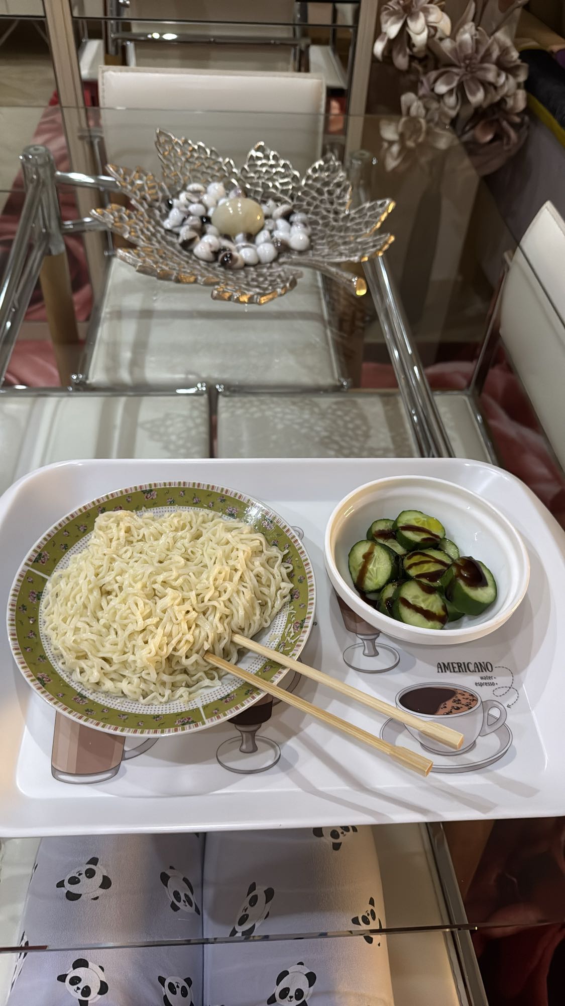 Noodles with cucumber, Greek village sausage, Parmesan, and butter