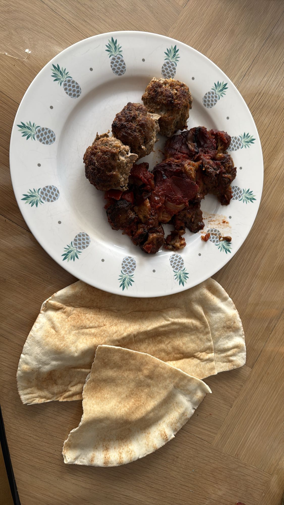 Meatballs with Eggplant Tomato Onion Stew and Flatbread