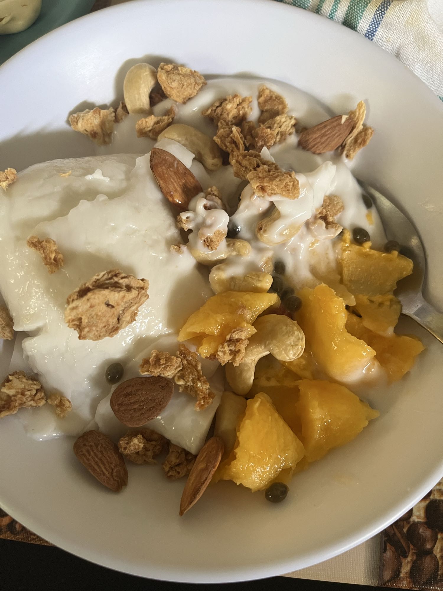 Yaourt de soja type skyr aux fruits de la passion, protéines de soja texturées et noix
