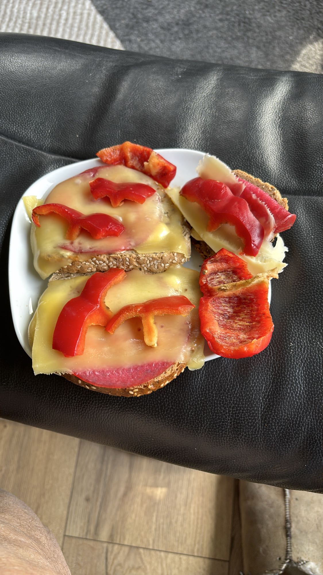 Smørbrød med gulost, dansksalami og paprika