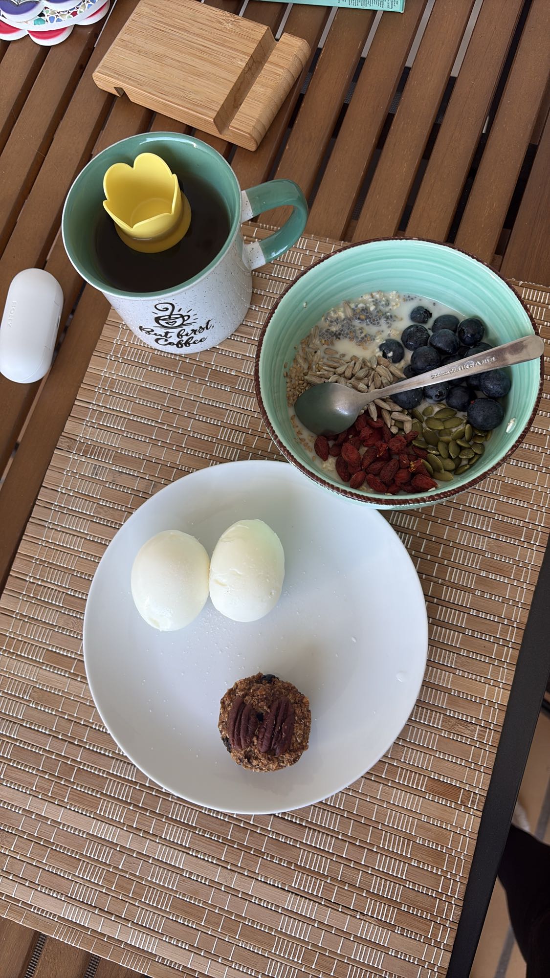 Healthy breakfast bowl with oatmeal and almond milk