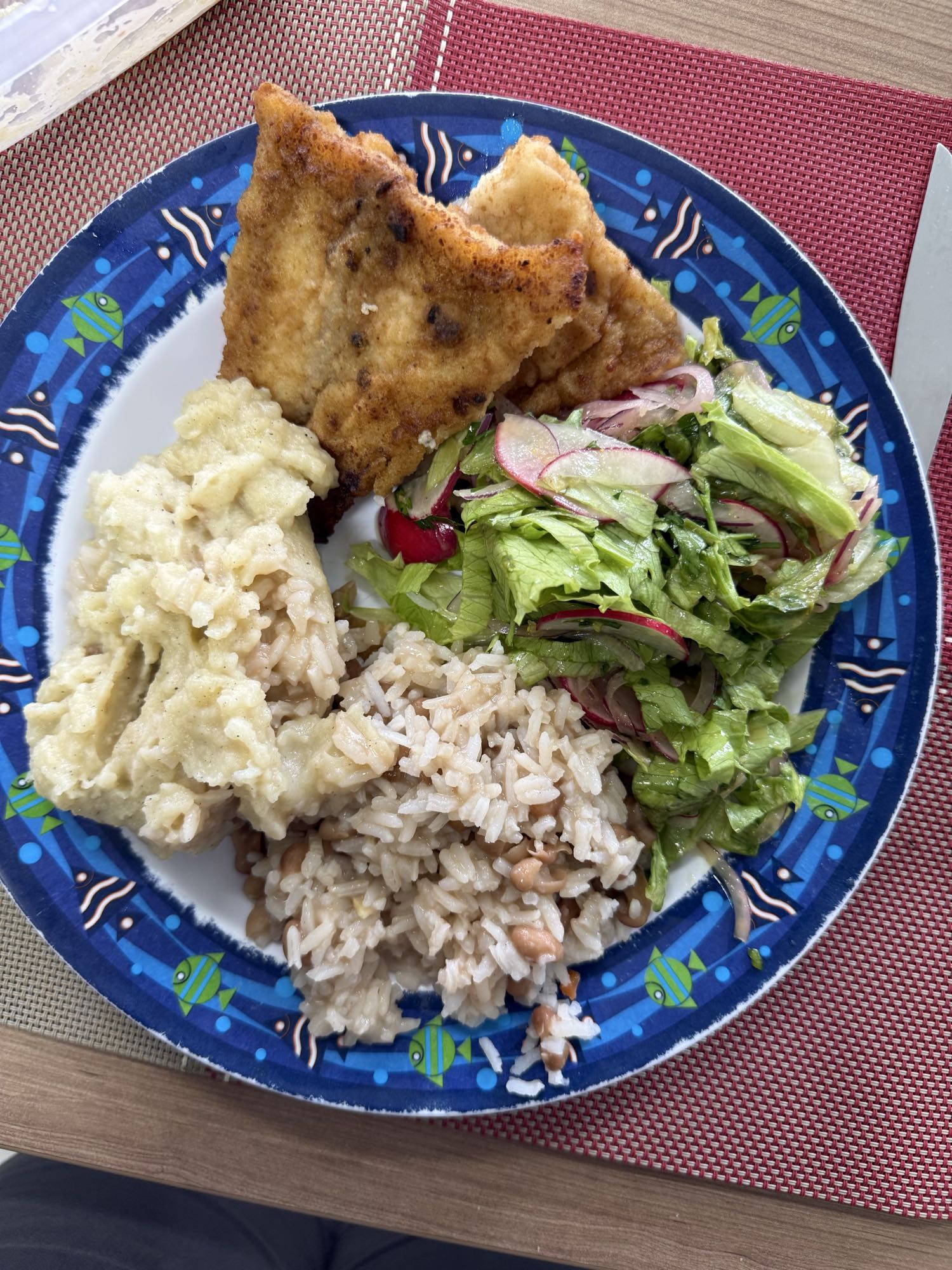 Filé empanado com arroz