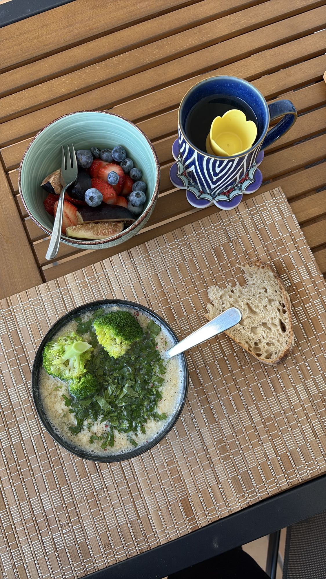 Bone Broth with Two Eggs, Miso, Broccoli, Coriander, Sourdough Bread, Fruit Bowl and Green Tea