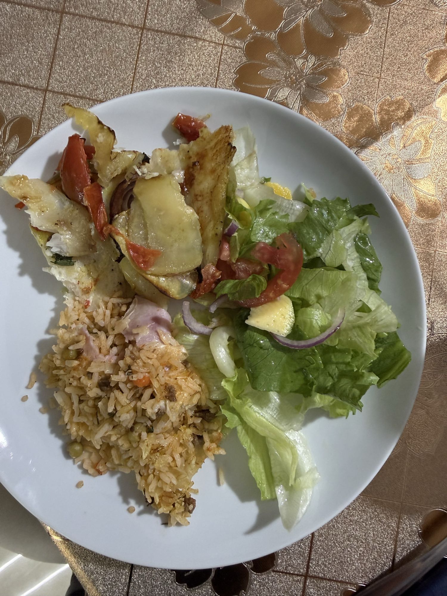 Arroz com peixe e salada