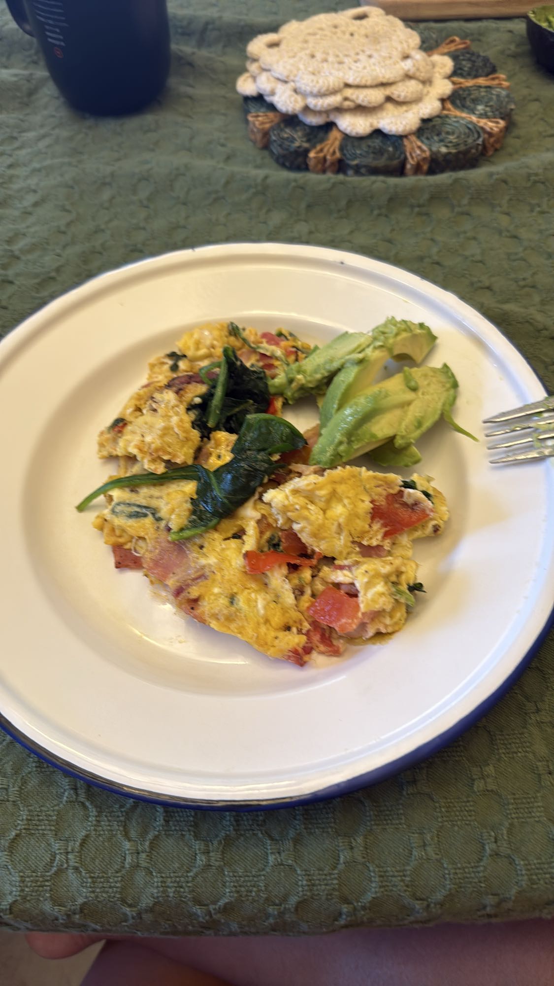 Bacon Spinach Tomato Cheese Scramble