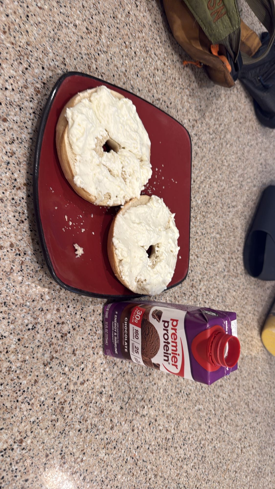 Bagel with cream cheese and protein shake