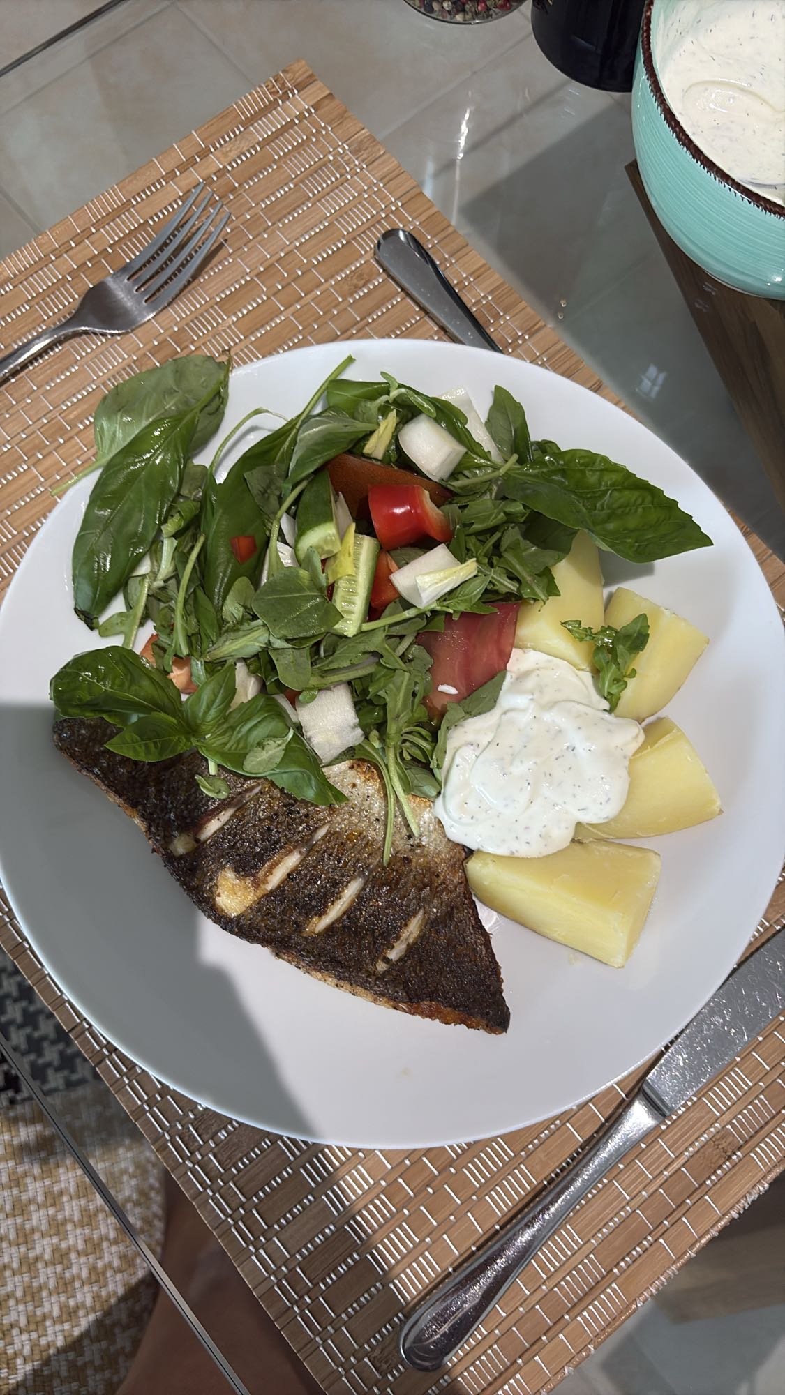 Fish Potato Salad Plate with Greek Yogurt Dill Sauce