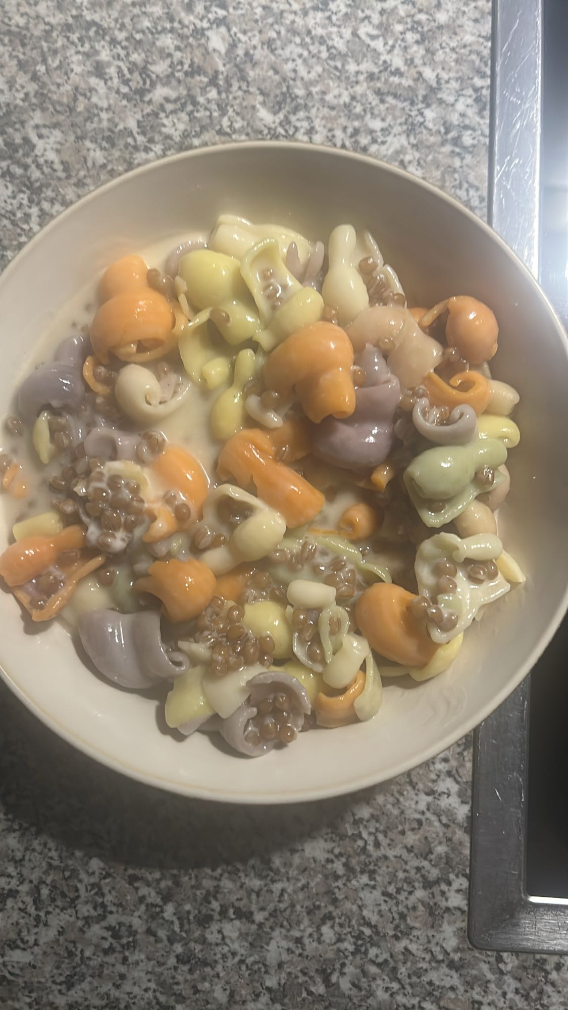 Pasta tricolor con lentejas