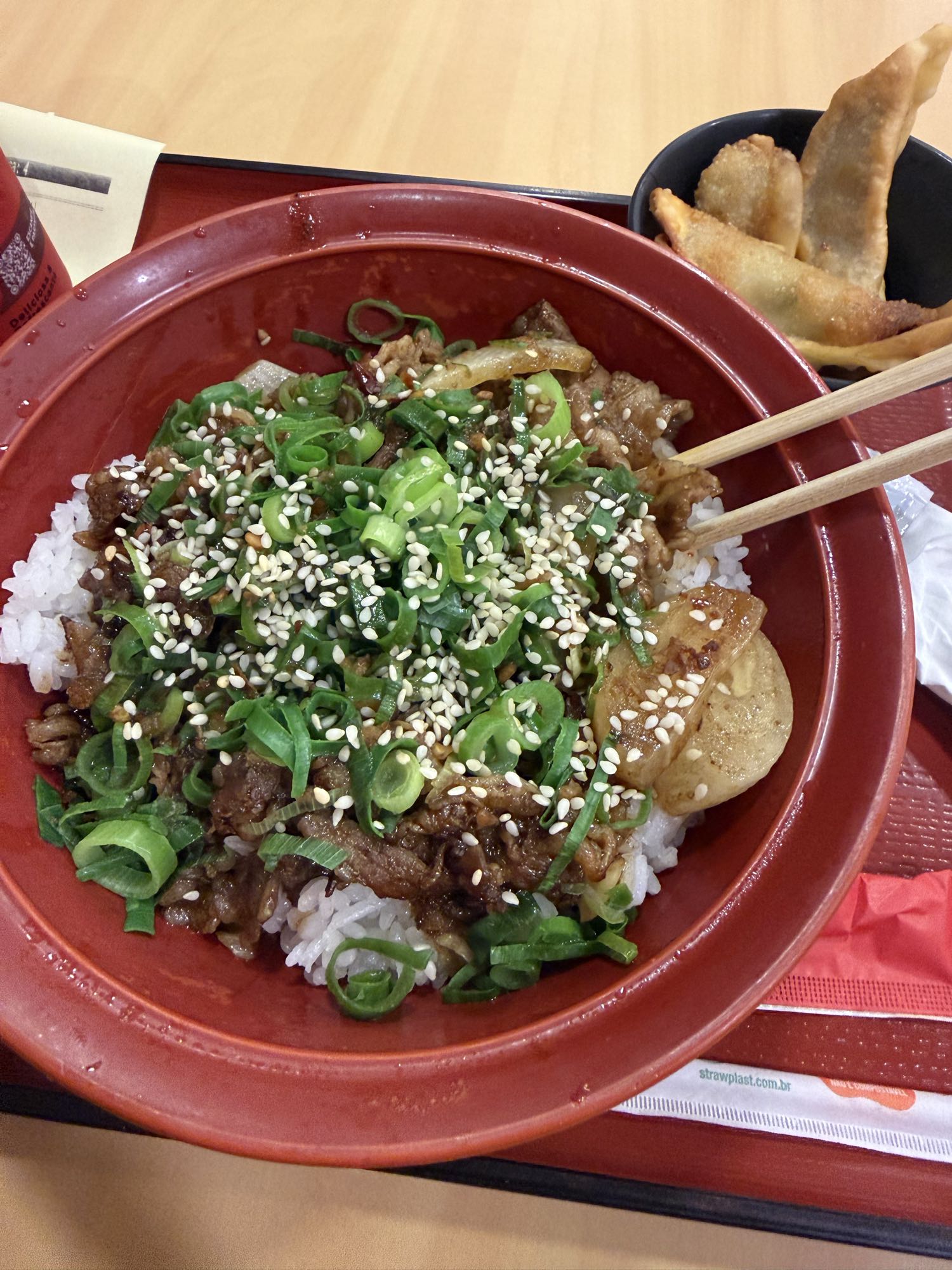 tigela de arroz com carne