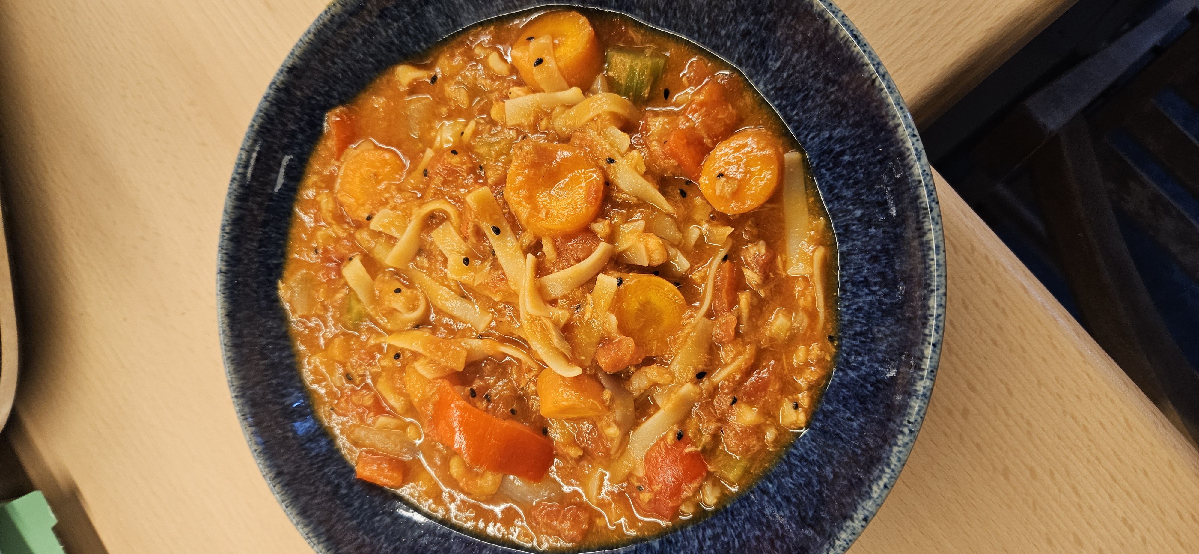 Vegetable Noodle Soup with Prawns and Tuna