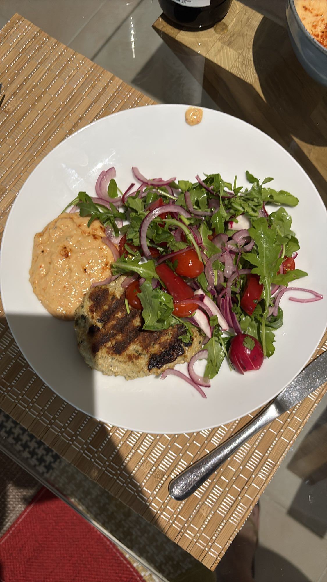 Chicken Kofta Salad with Red Pepper Hummus