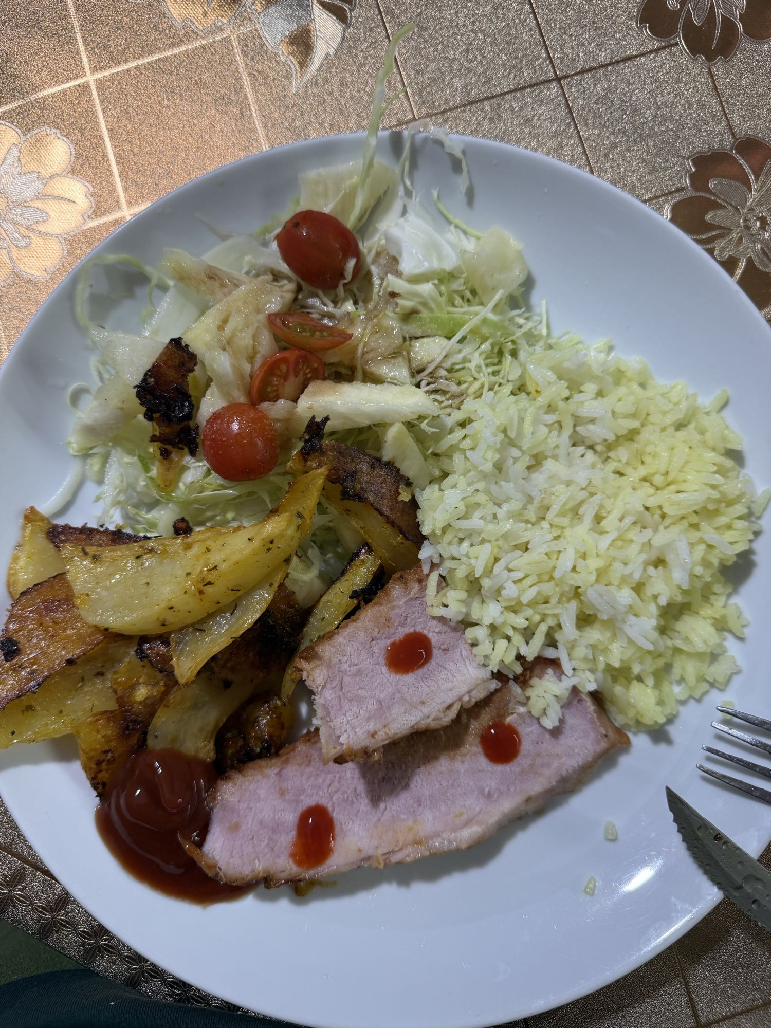 Arroz com porco e salada