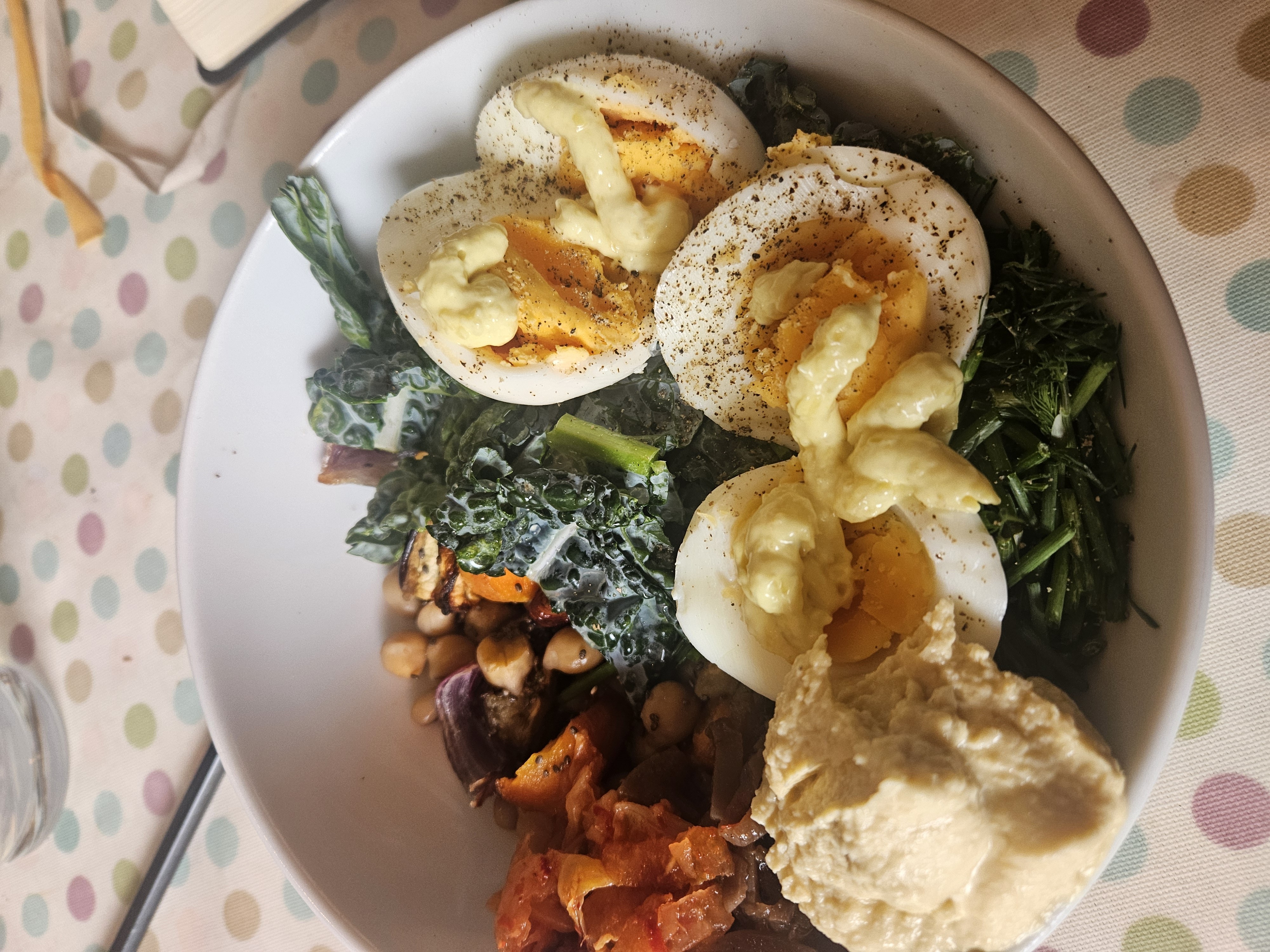 Egg Veg Bowl with Chickpeas, Black Eyed Peas, Hazelnuts and Low Fat Houmous