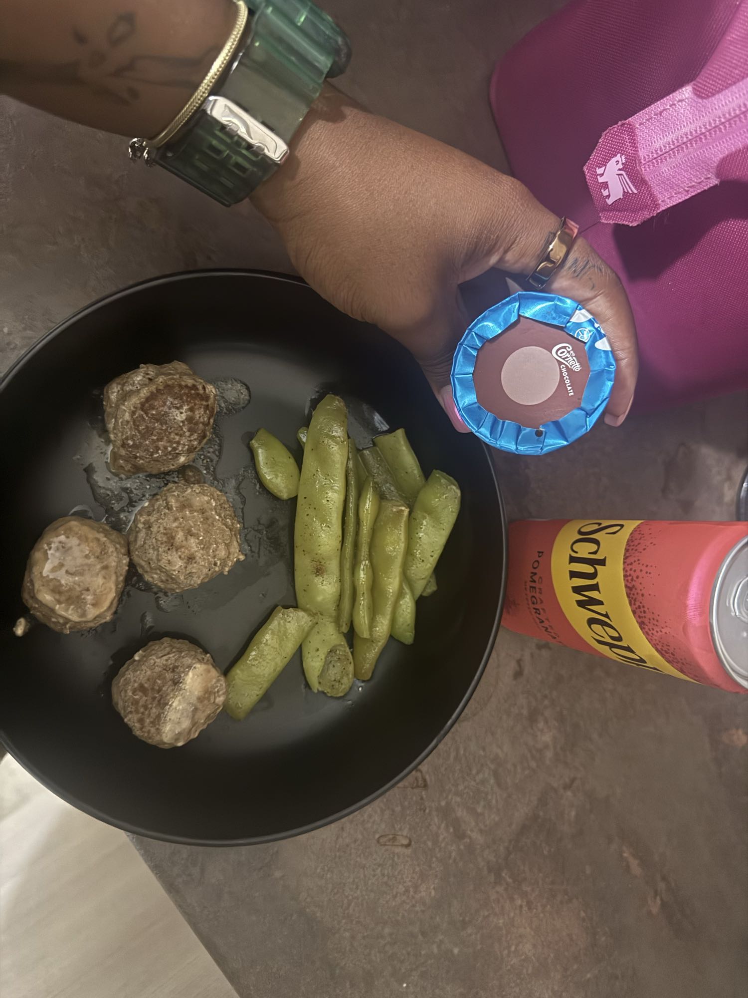 Ground Beef Snap Peas Mini Chocolate Ice Cream Cone with Schweppes Pomegranate