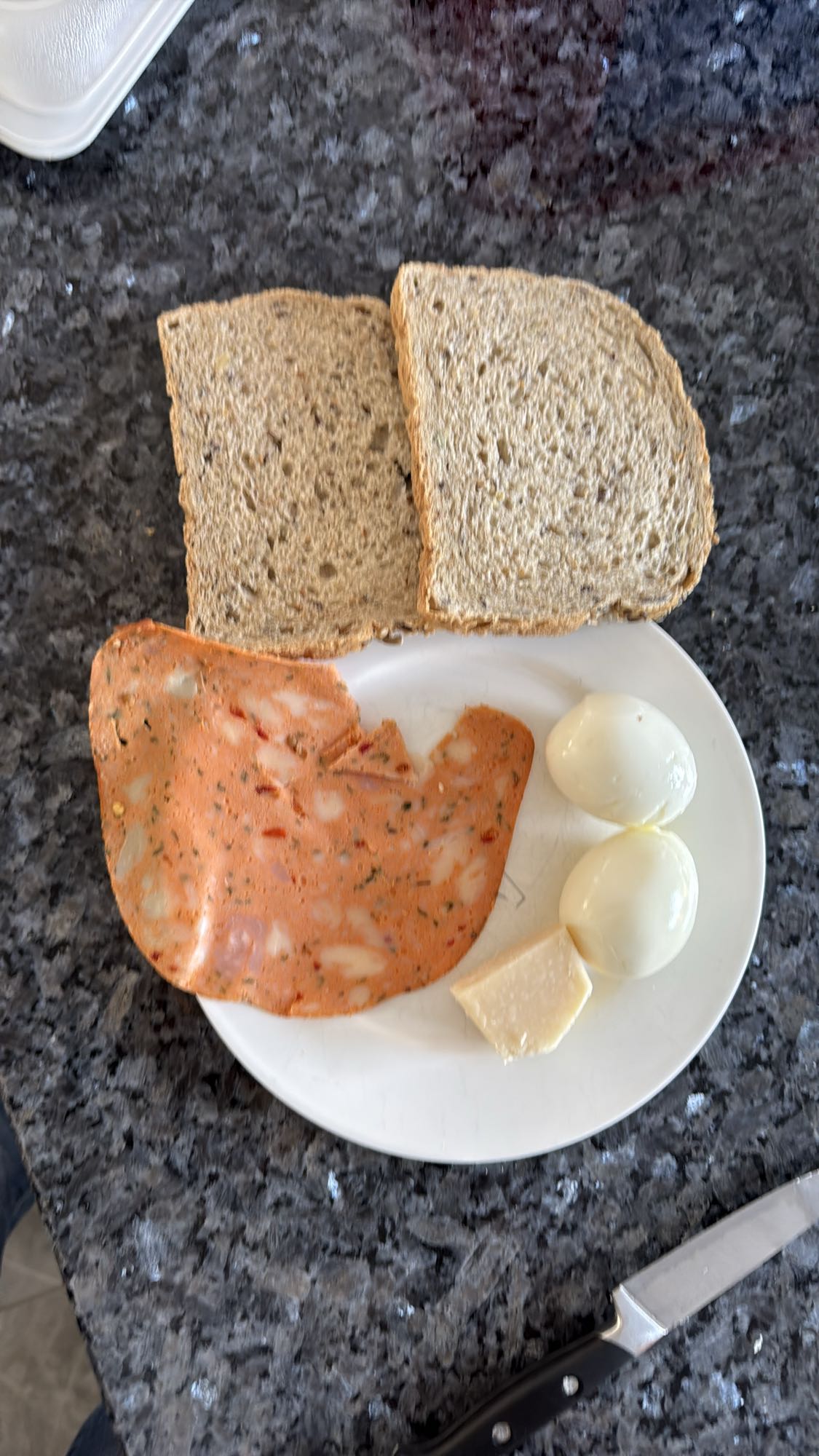 Bread Eggs and Spiced Chicken Salami with Parmesan