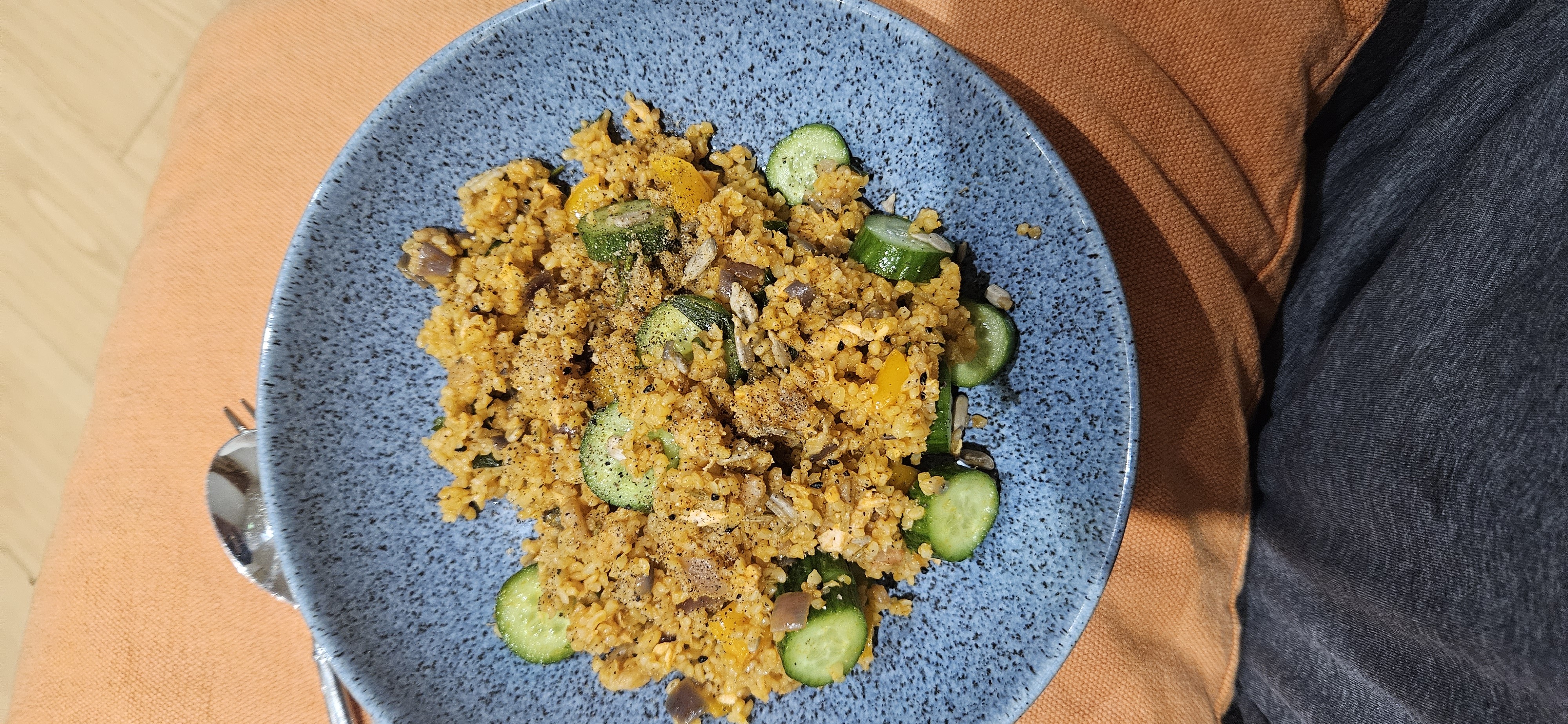 Spiced Bulgur Veg Bowl with Salmon and Prawns