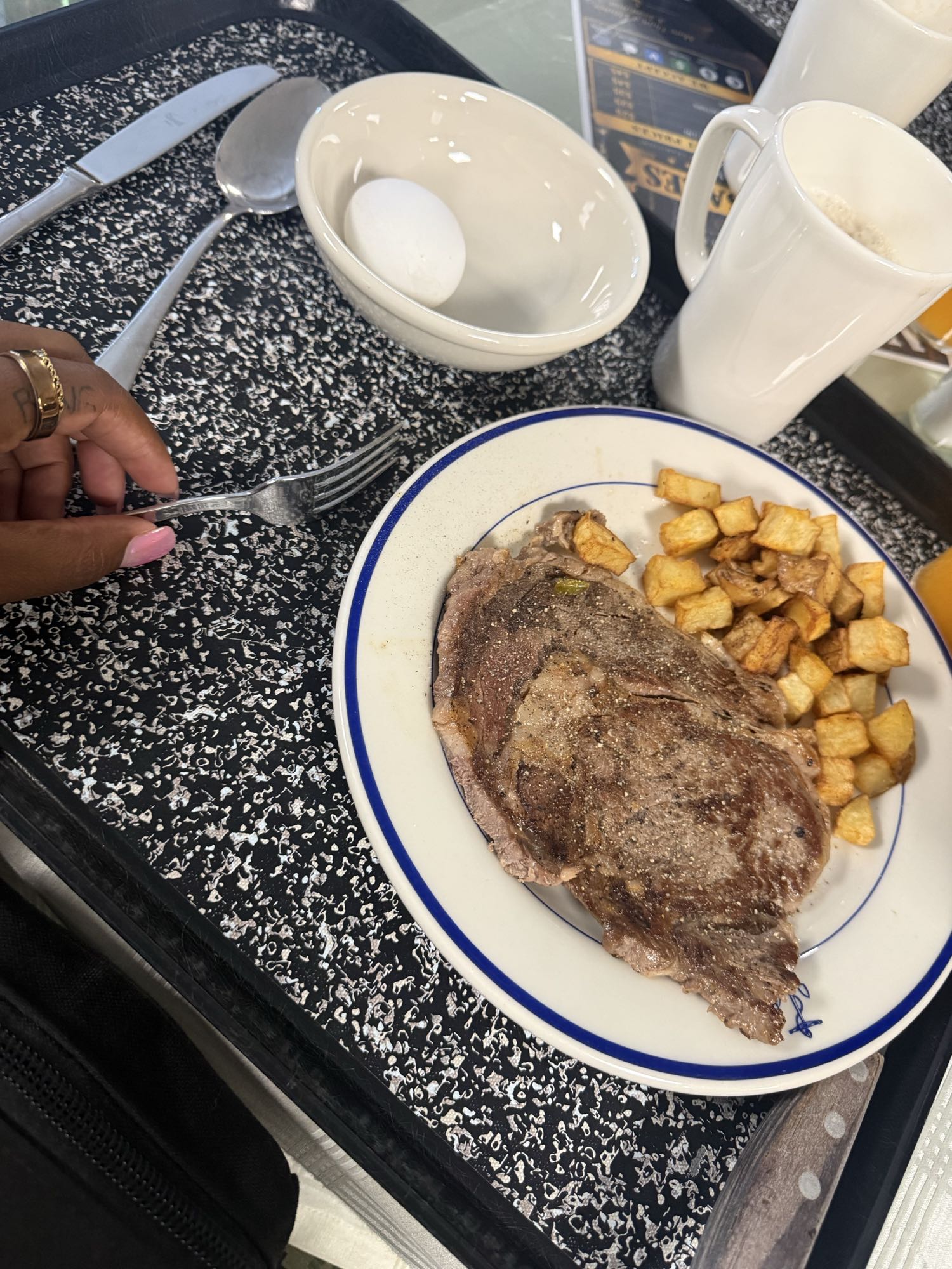 Steak Potatoes Egg with Orange Juice and Cappuccino