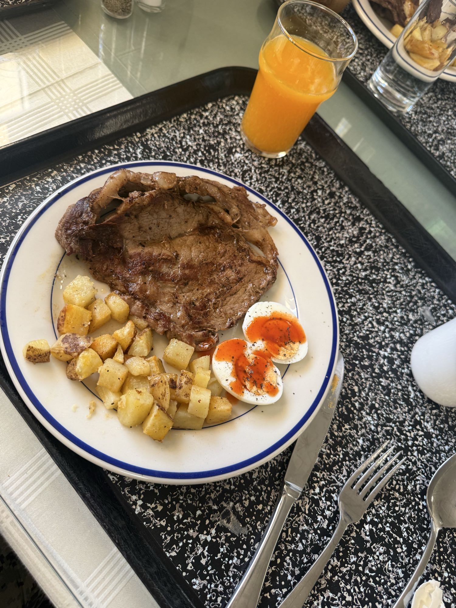 Steak Eggs Potatoes Juice