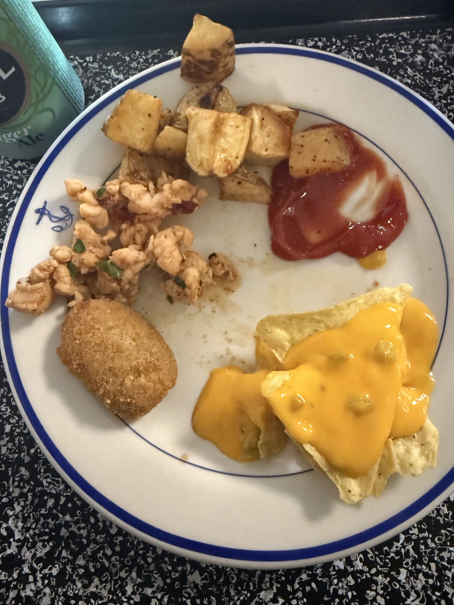 Lobster Potato Plate with Tortilla Chips, Jalapeno Popper, and Ginger Ale