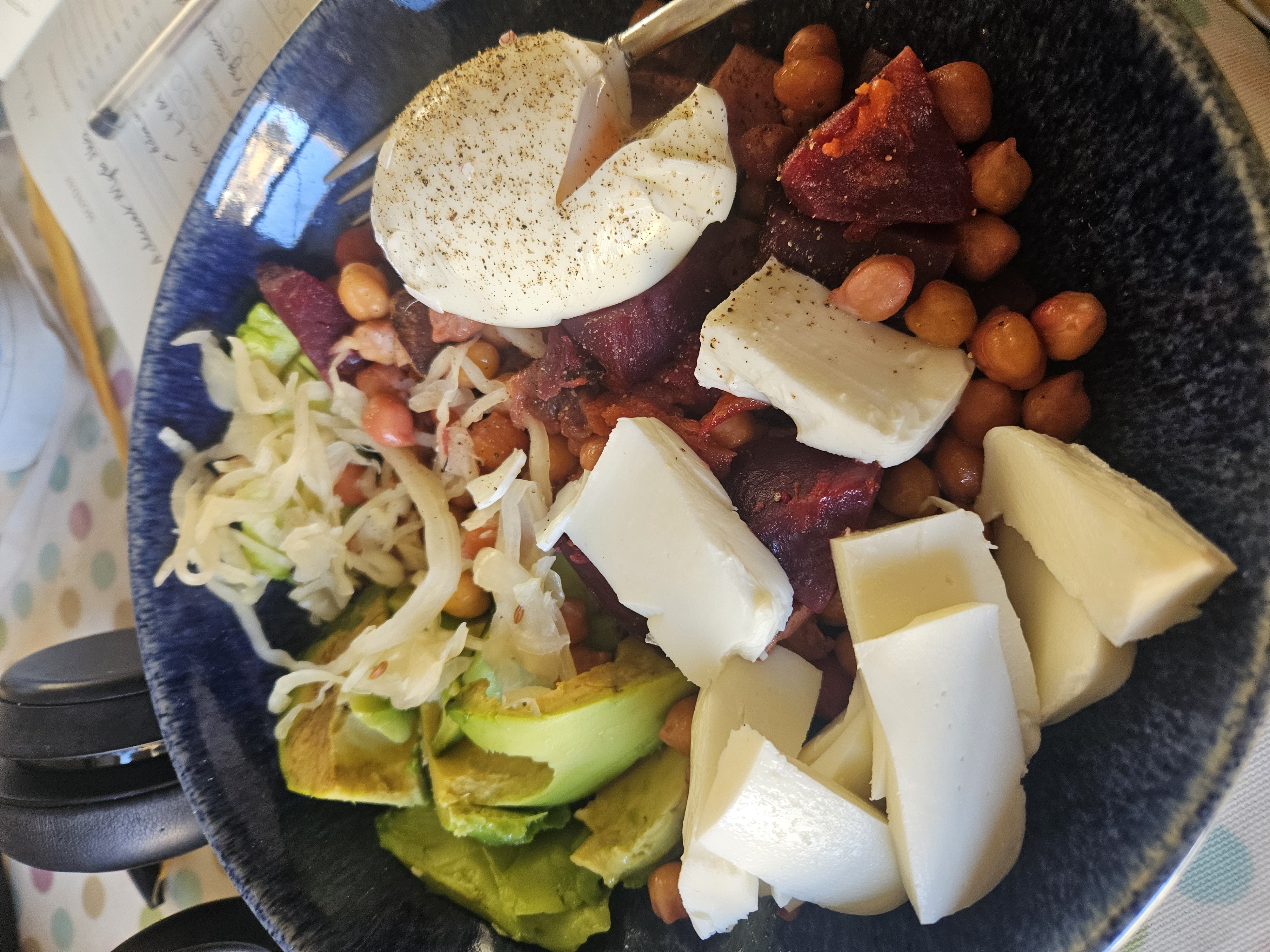 Chickpea Bowl with Baked Beetroot, Red Onion, Sweet Potato, Baked Tofu, and Boiled Egg