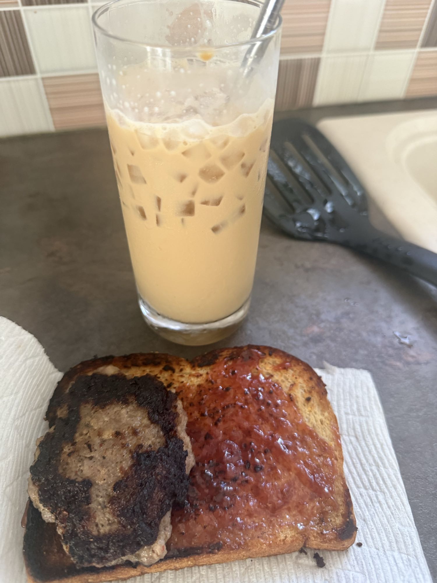 Sausage Toast and Iced Double Latte