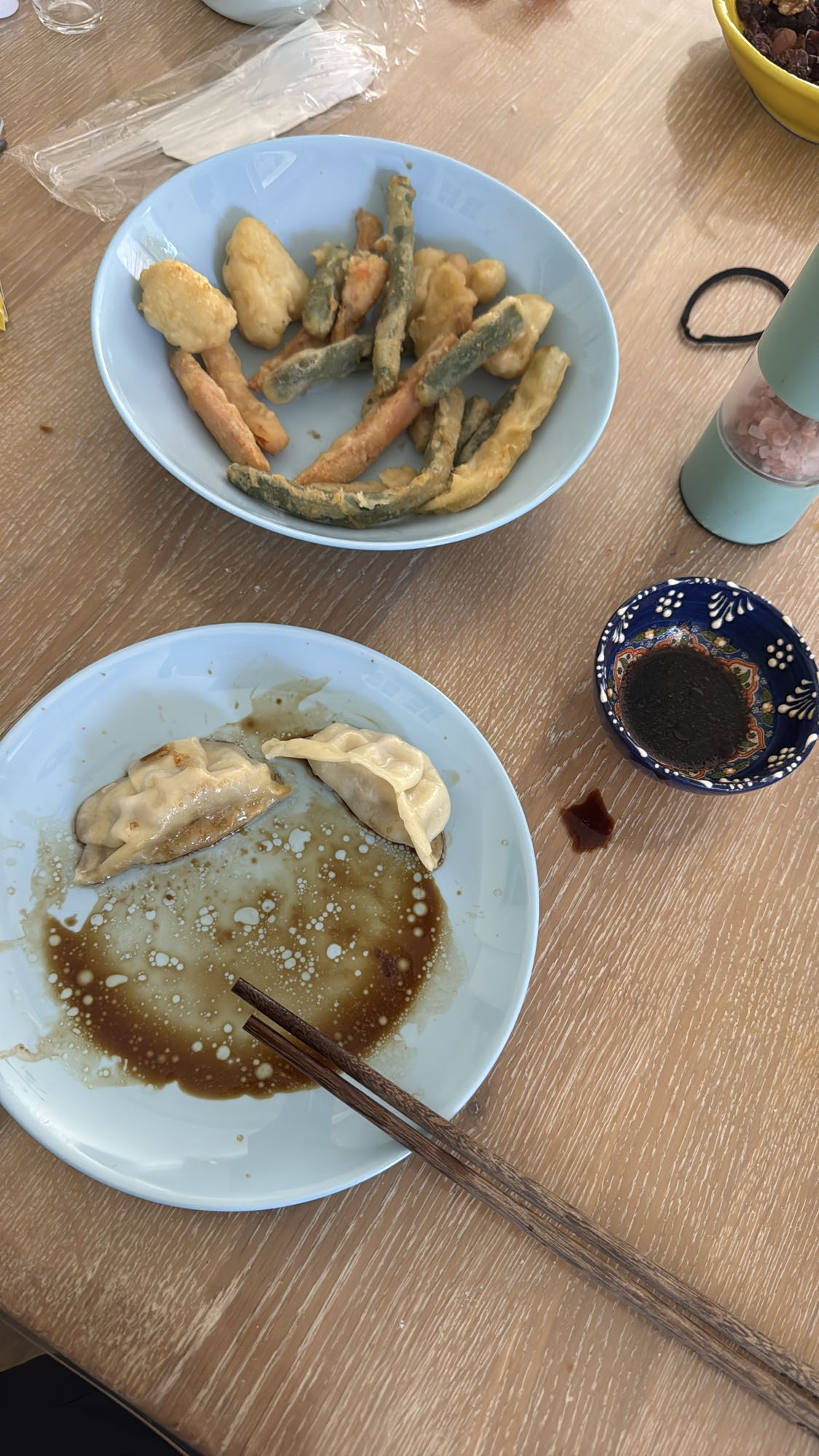 Fried Tempura Vegetables and 5 Chicken and Pork Gyoza with Soy Sauce