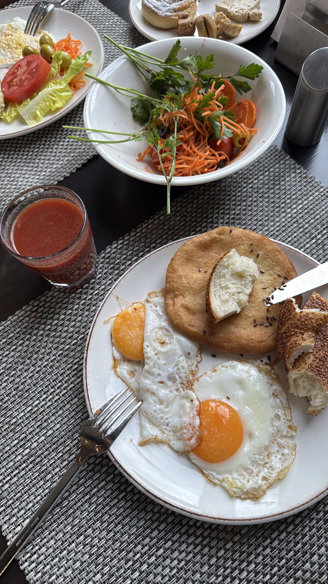 Eggs Bread Salad and Virgin Mary