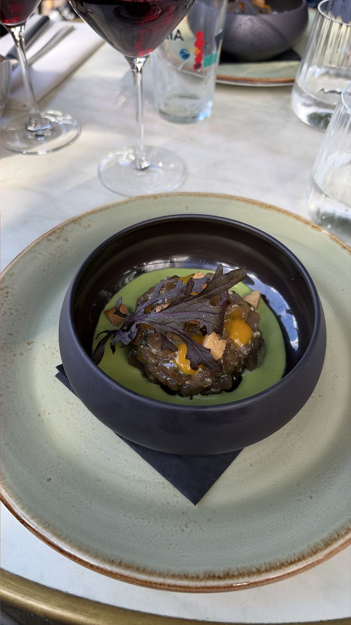 Tartare sur crème verte