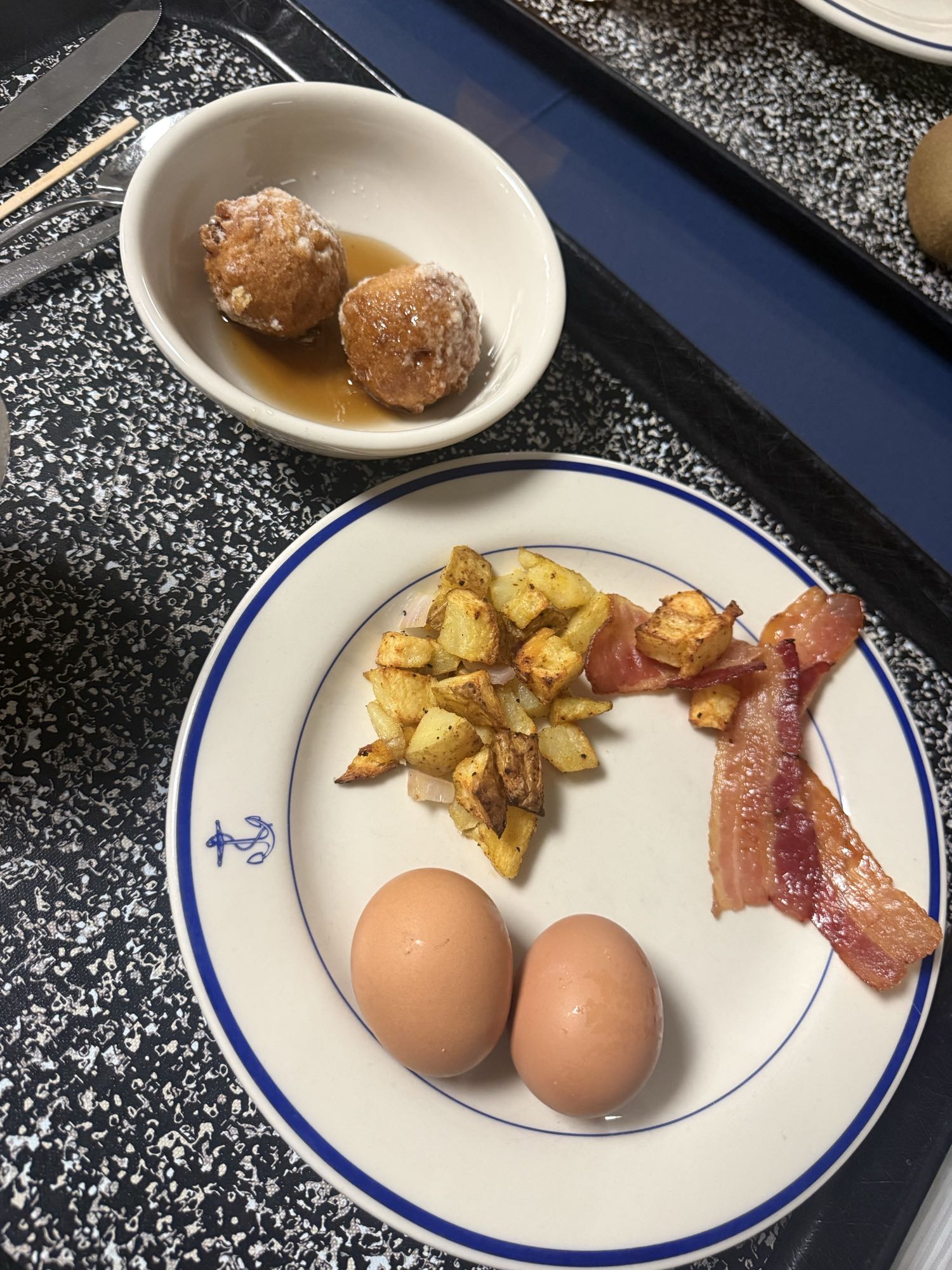 Eggs Bacon and Fritters