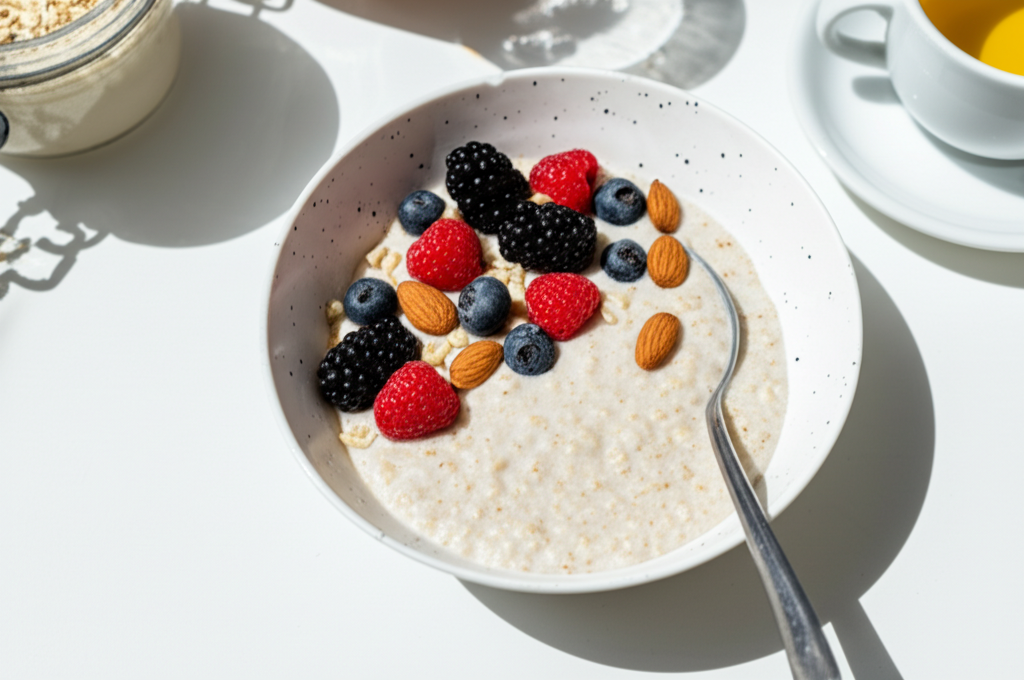 Haferflocken-Porridge mit frischen Beeren und Nüssen