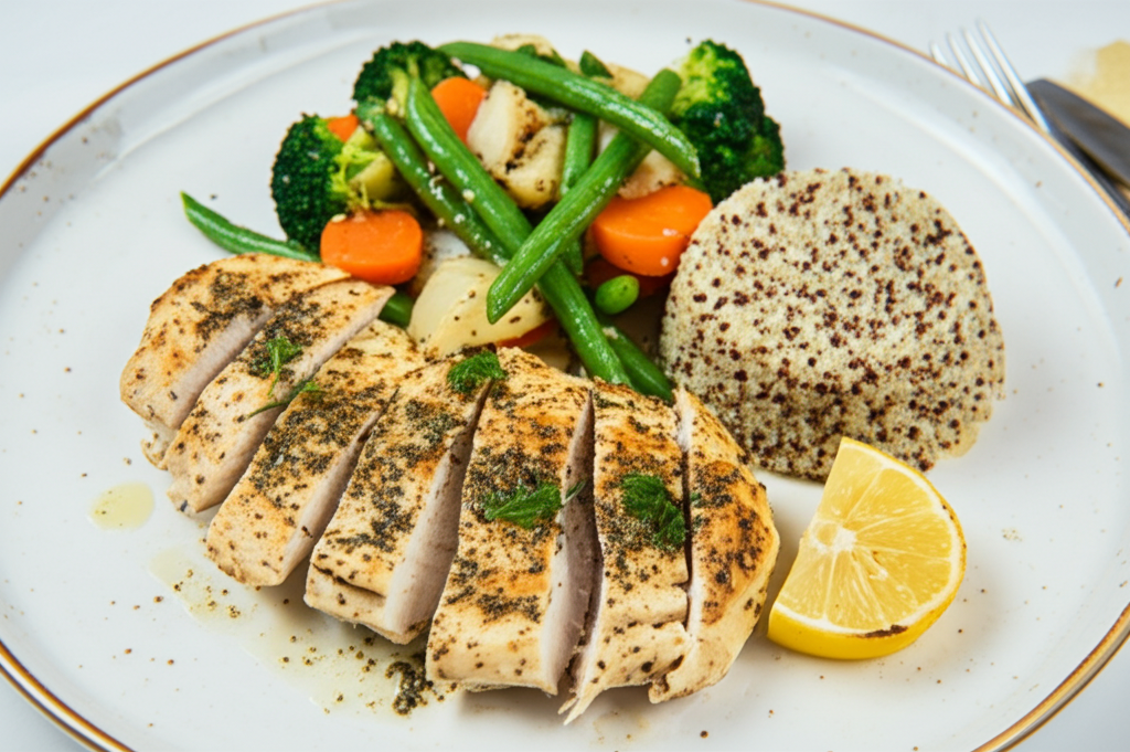 Grilled Lemon Herb Chicken with Quinoa and Steamed Vegetables