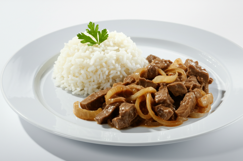Mustig Biff Stroganoff med Fullkornsris