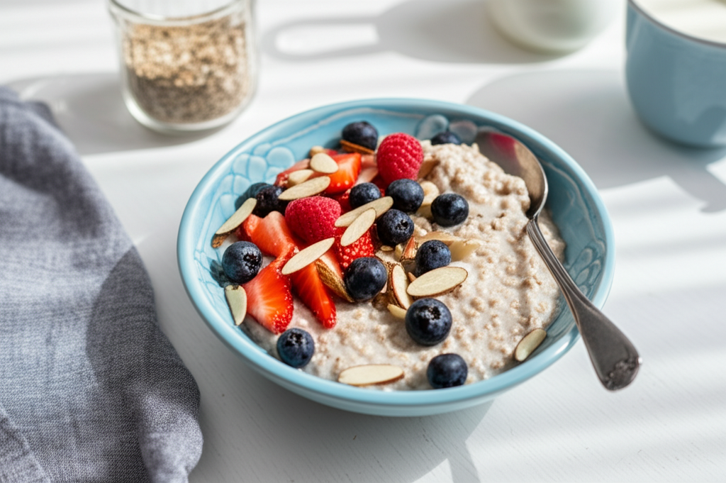 Energirik havregrynsgröt med bär och mandlar