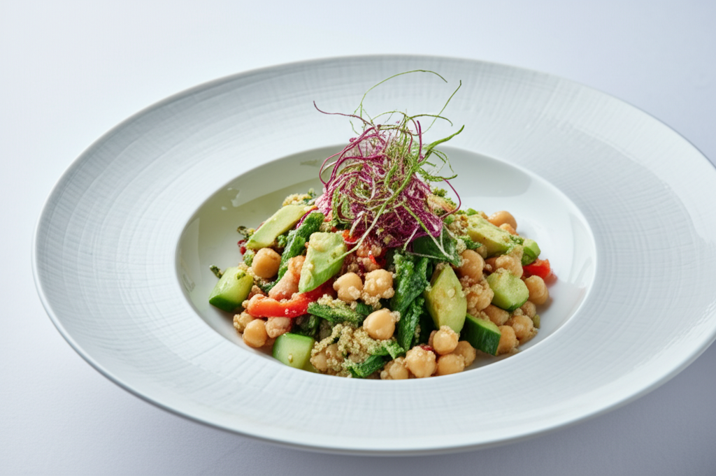 Ensalada de Quinoa y Garbanzos con Aderezo de Tahini