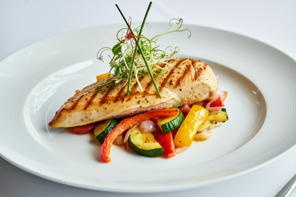 Gegrilltes Hähnchen mit buntem Gemüse