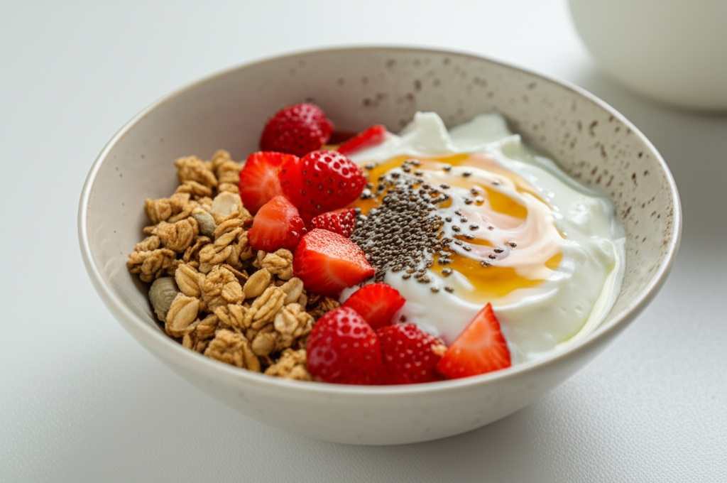 Tazón de Yogur Griego con Frutas y Granola