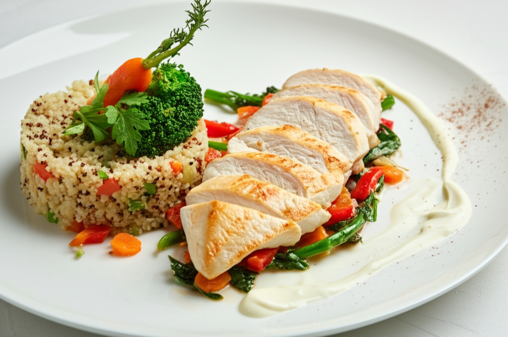 Hähnchenbrust mit gedünstetem Gemüse und Quinoa