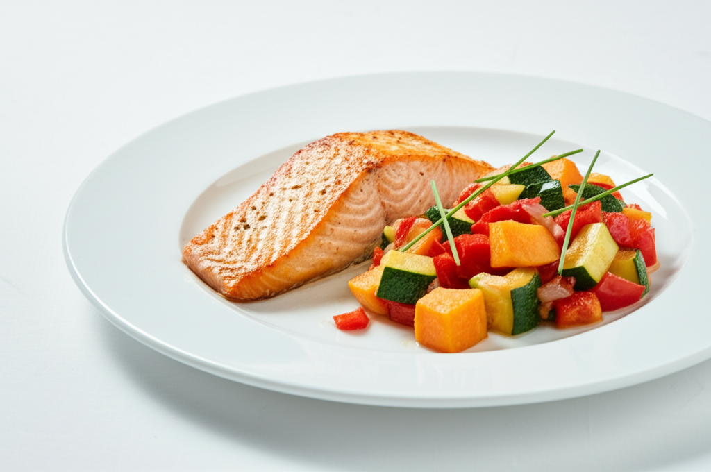 Ugnsbakad Lax med Rostade Grönsaker och Sötpotatis