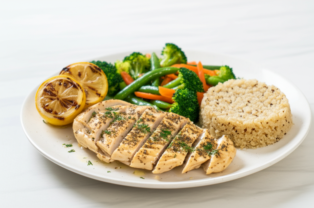 Grilled Lemon Herb Chicken with Quinoa and Steamed Vegetables