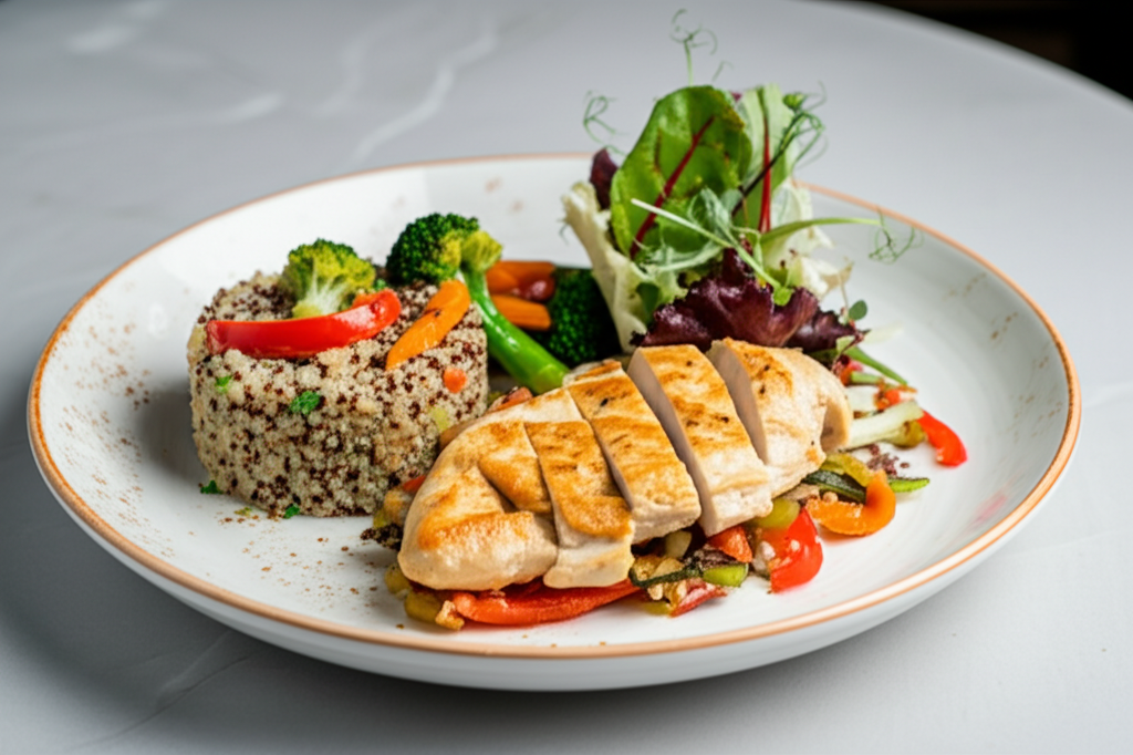 Gebratene Hähnchenbrust mit Quinoa und gedünstetem Gemüse