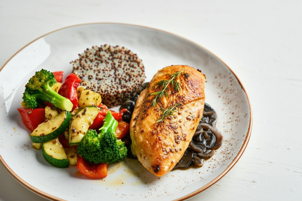 Ugnsbakad kyckling med quinoa och rostad grönsakssallad