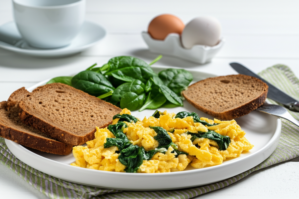 Herzhaftes Rührei mit Spinat und Vollkornbrot