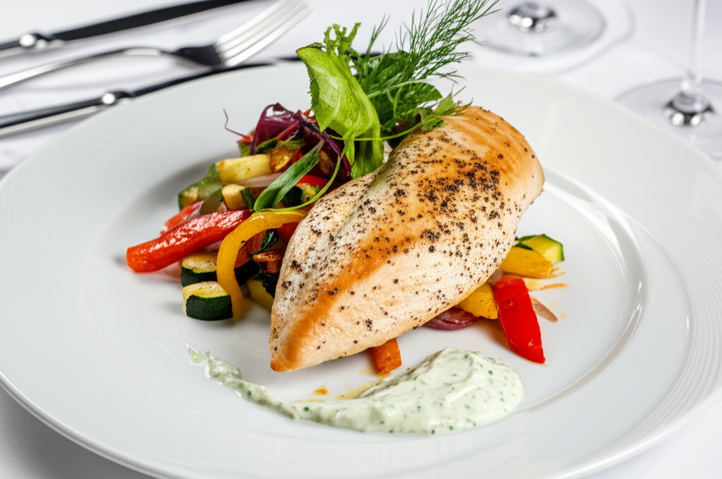 Hähnchenbrust mit Ofengemüse und Joghurt-Dip