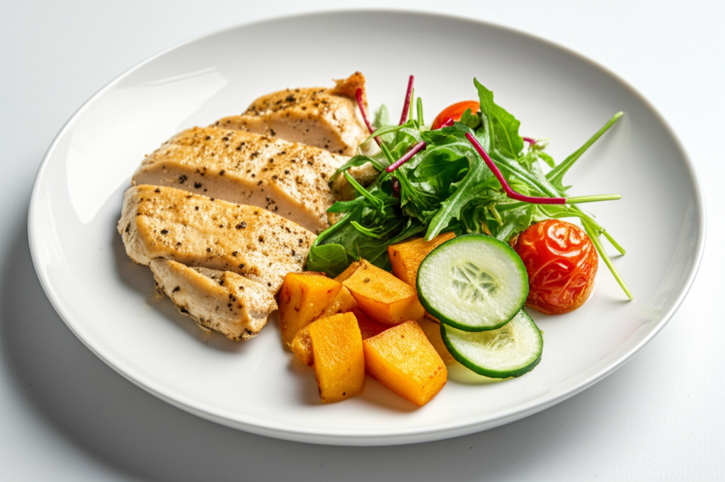 Saftig kyckling med rostad sötpotatis och grönsakssallad