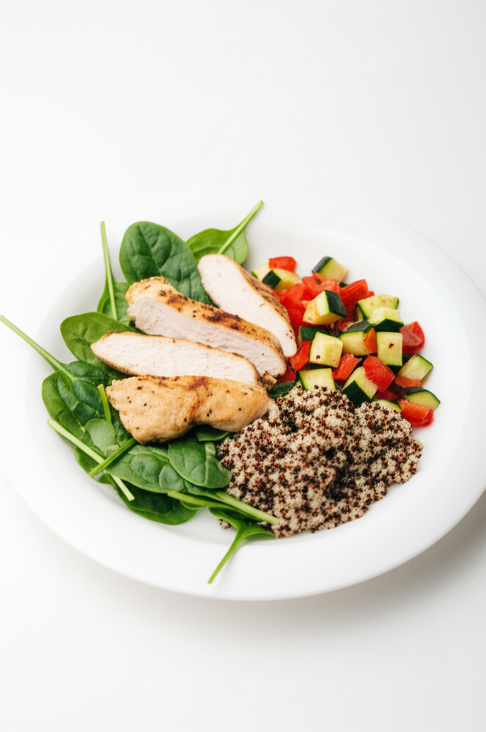 Färgstark kycklingsallad med quinoa och rostade grönsaker