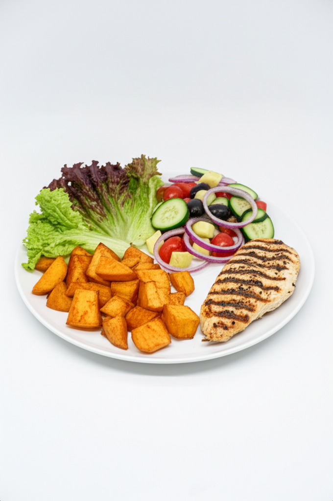 Κοτόπουλο με Σαλάτα Χωριάτικη και Ψητές Γλυκοπατάτες