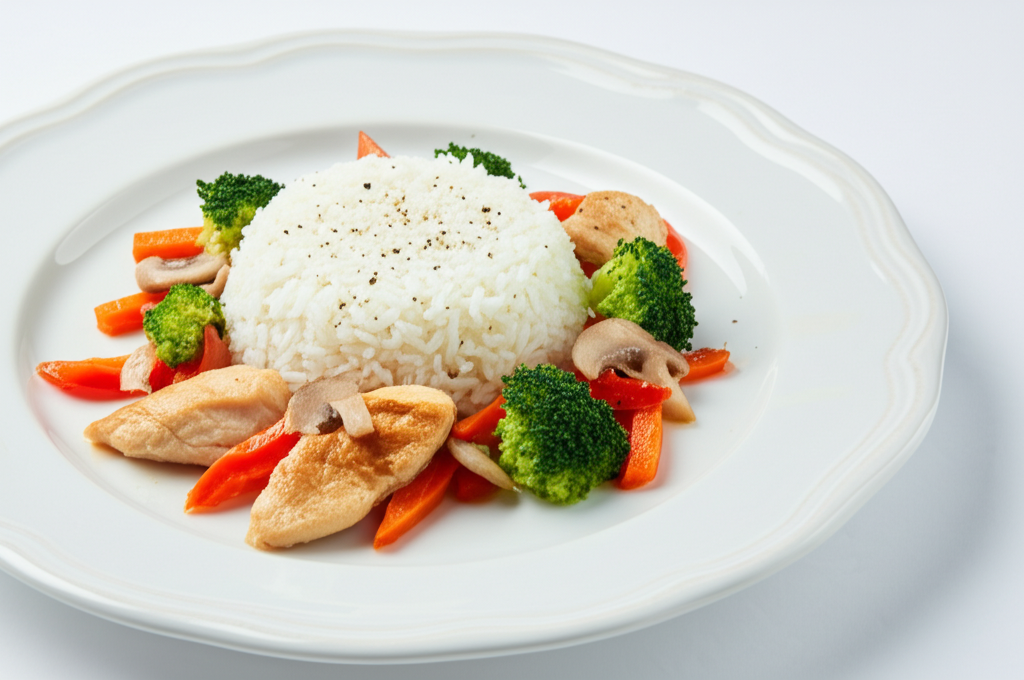 Kyckling- och grönsakswok med fullkornsris